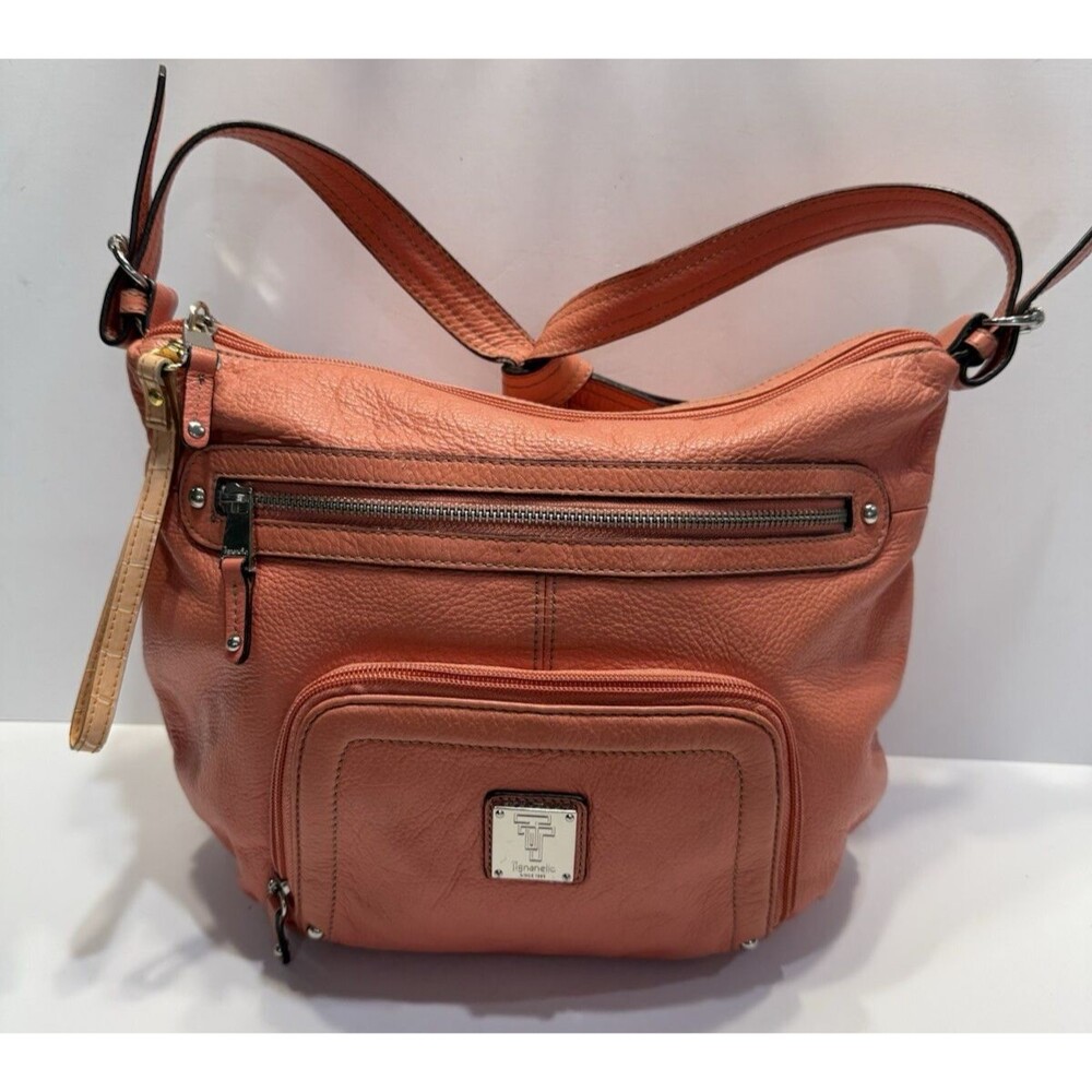 Tignanello Womens Hobo Orange Leather Shoulder Handbag Satchel Purse Pockets